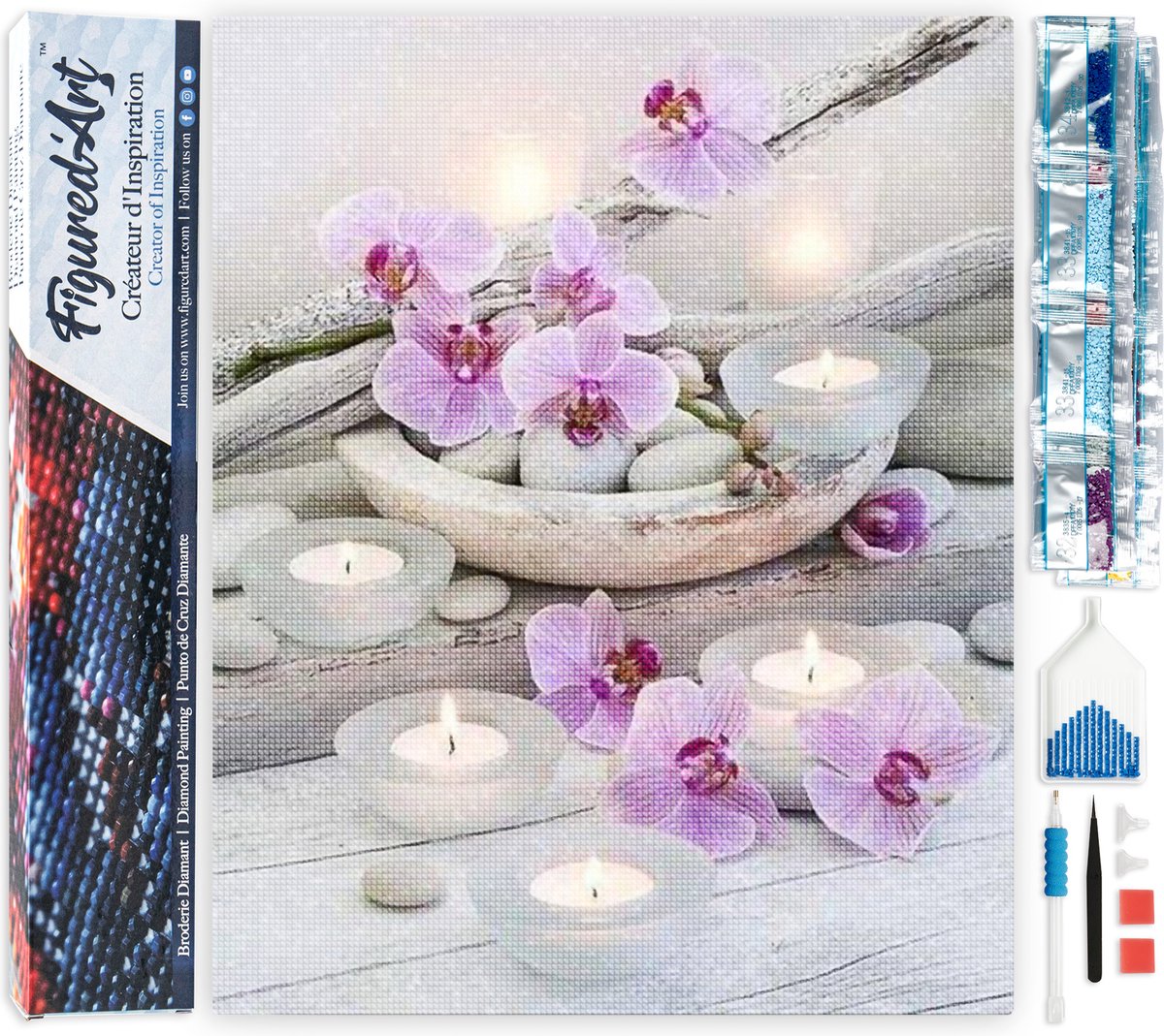 FiguredArt Diamond Painting set Volwassenen 40x50 cm Bloemen en kaarsen - 5D DIY Art full drill vierkante diamant - Opgerold canvas